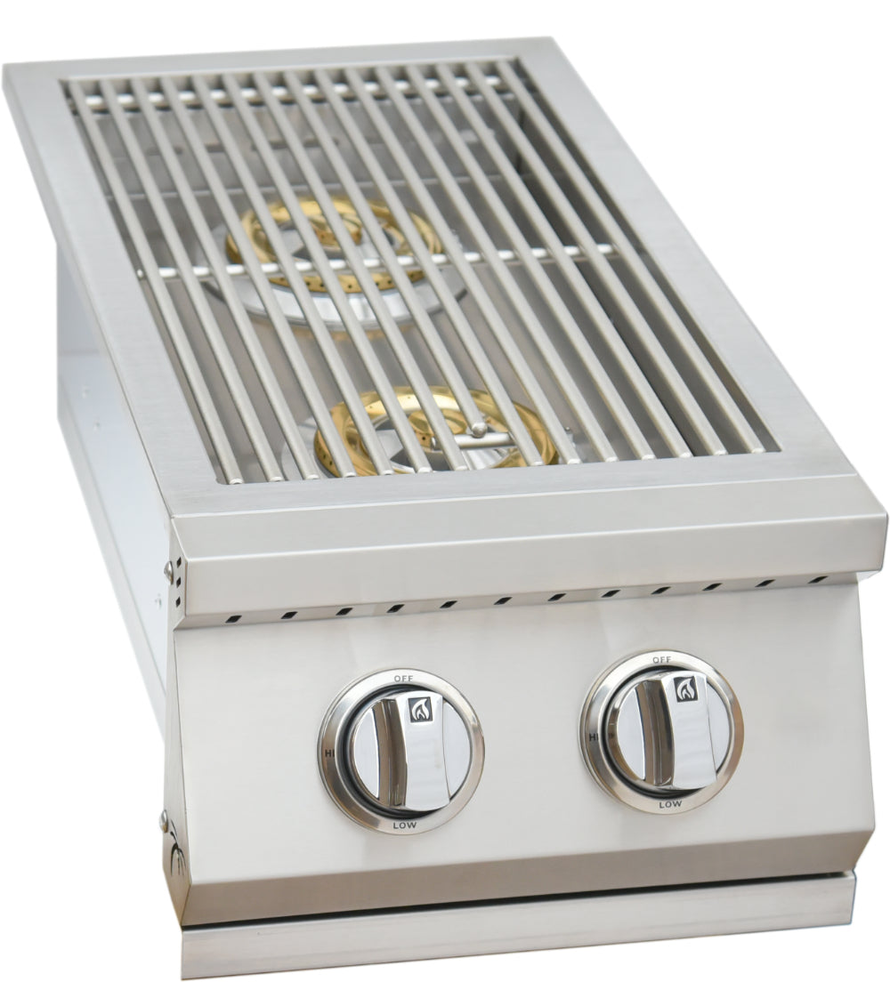 Stainless steel grill with two control knobs on a white background