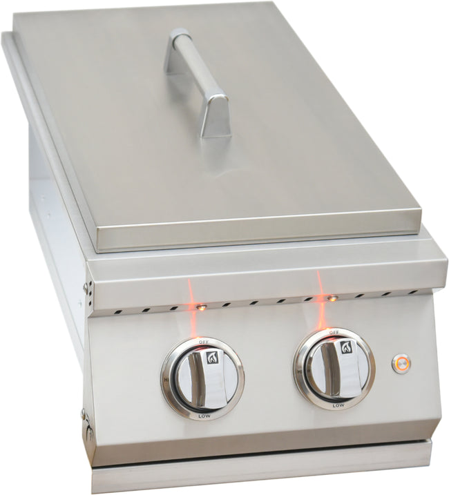 Stainless steel grill with two control knobs on a white background