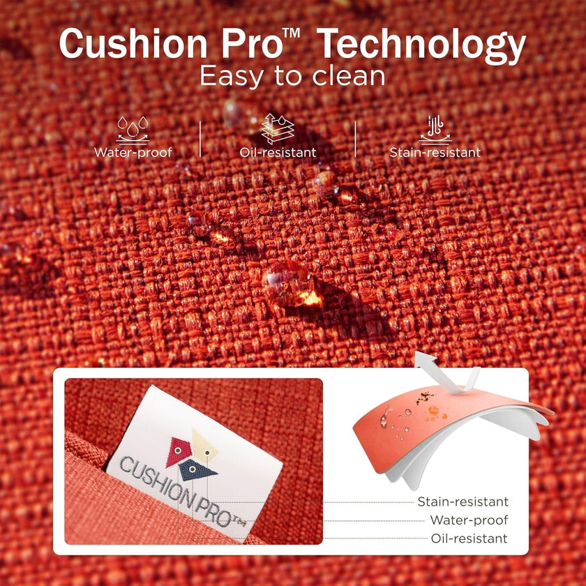 Red fabric with 'Cushion Pro' technology features, including waterproof, oil-resistant, and stain-resistant properties.