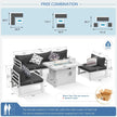 Outdoor furniture set with dimensions and free combination features on a white background