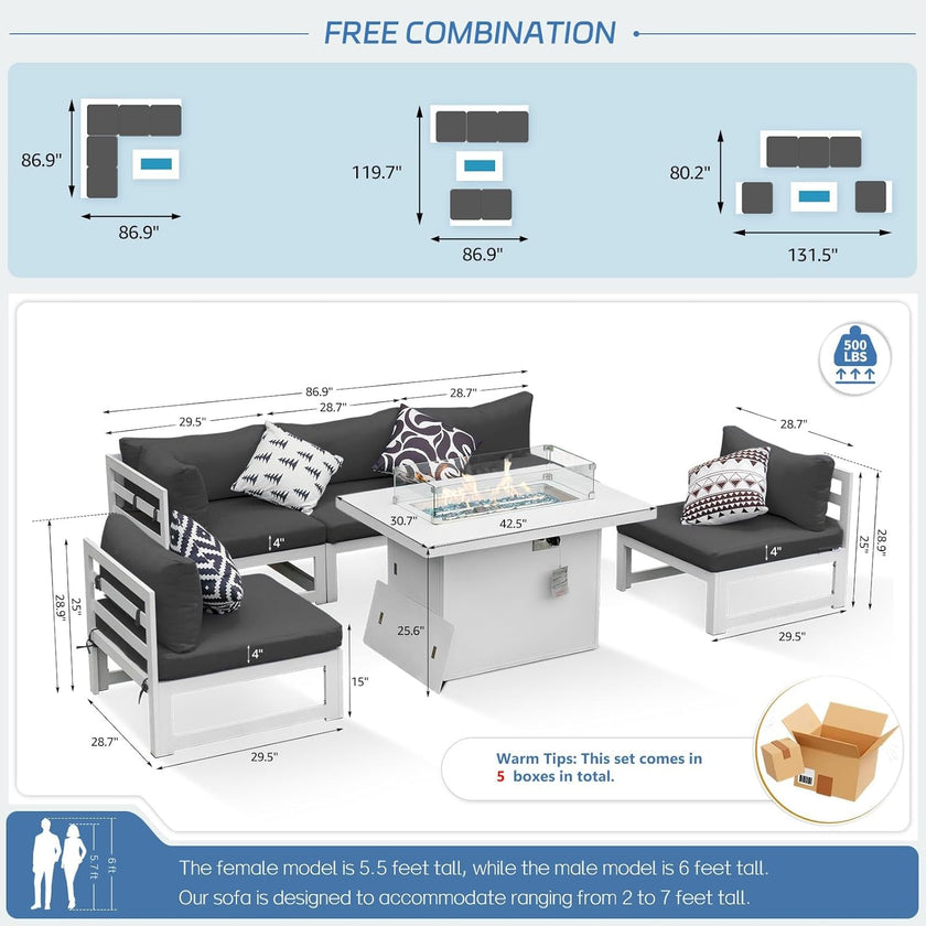 Outdoor furniture set with dimensions and free combination features on a white background