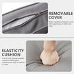 Gray travel bag with a zipper cover and cushioned interior, featuring text on its features.