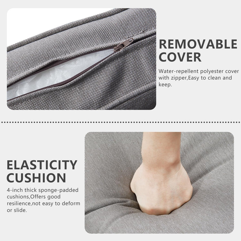 Gray travel bag with a zipper cover and cushioned interior, featuring text on its features.