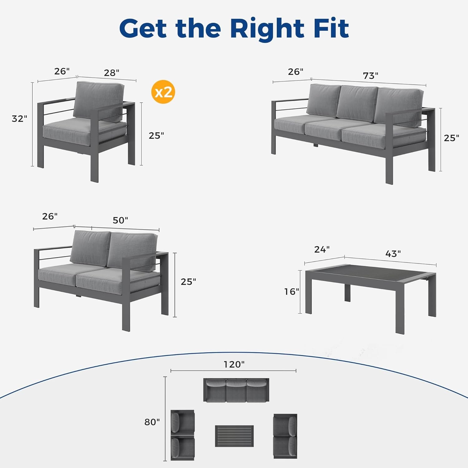 Outdoor furniture set with dimensions displayed on a white background