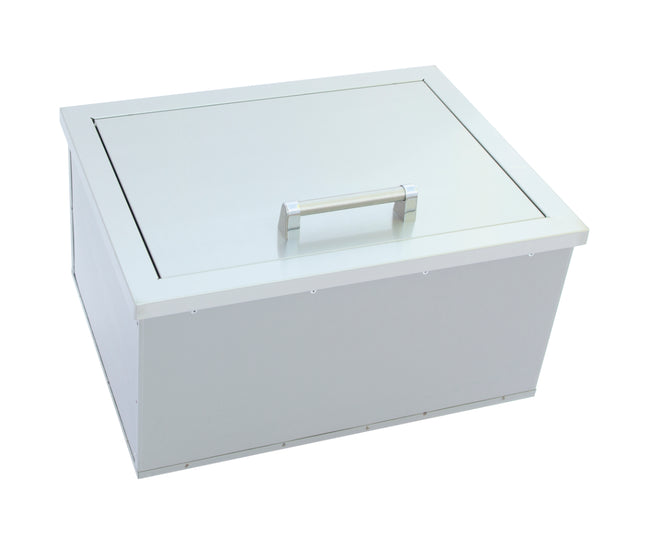 White storage box with a lid and handle on a white background
