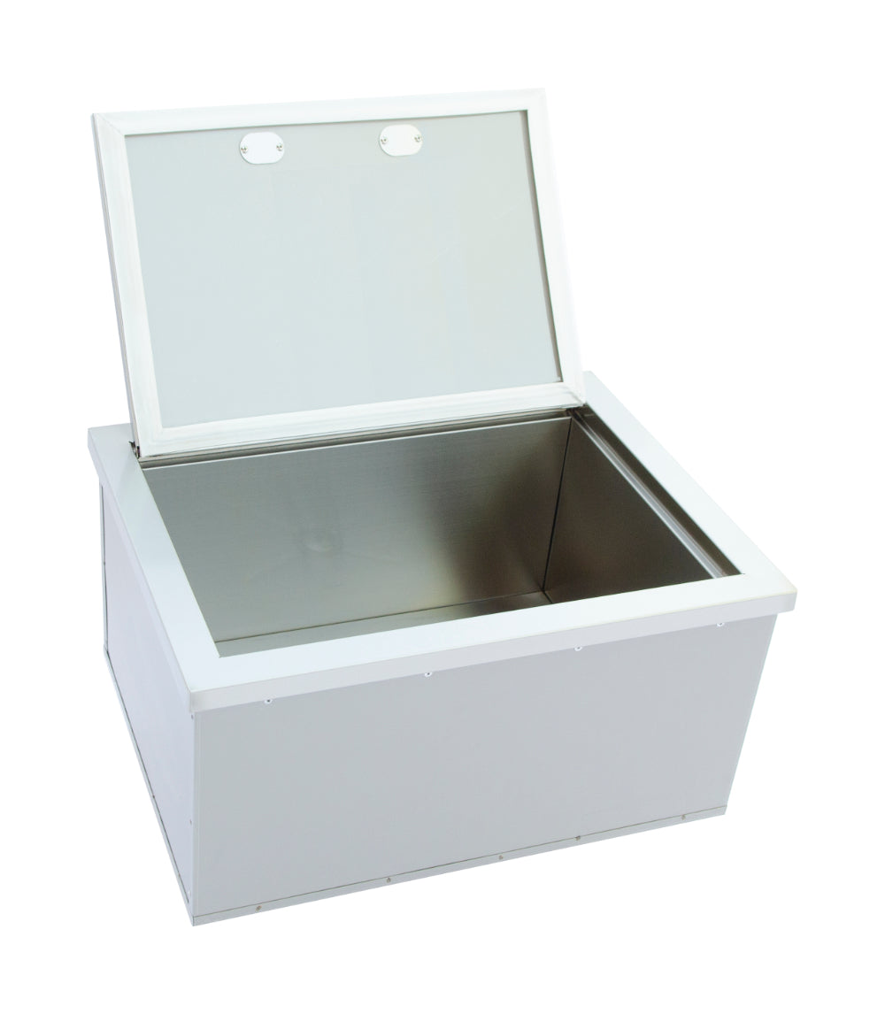 White metal storage box with a lid on a white background