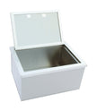 White metal storage box with a lid on a white background