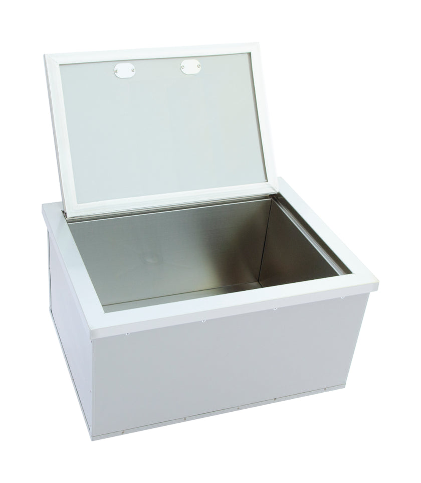 White metal storage box with a lid on a white background
