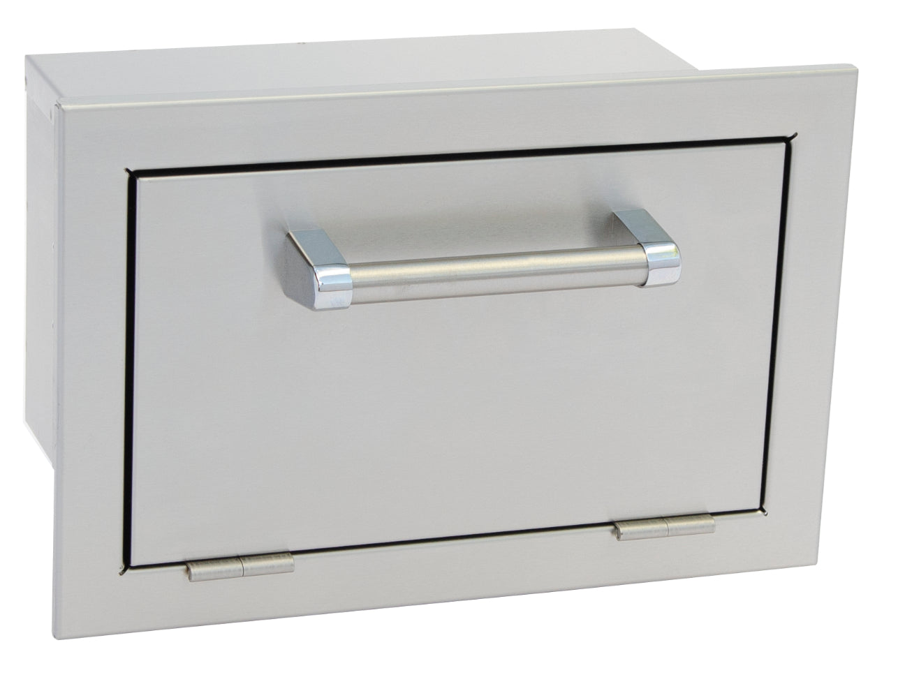 Stainless steel outdoor drawer with handle on a white background