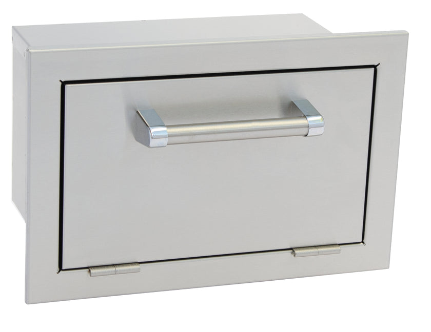 Stainless steel outdoor drawer with handle on a white background