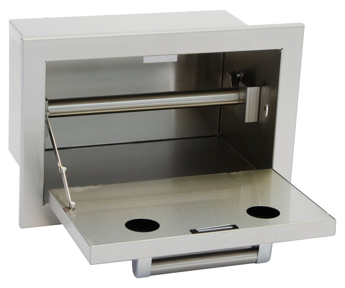 Stainless steel outdoor grill with lid open on a white background