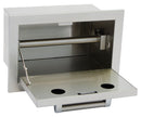 Stainless steel outdoor grill with lid open on a white background