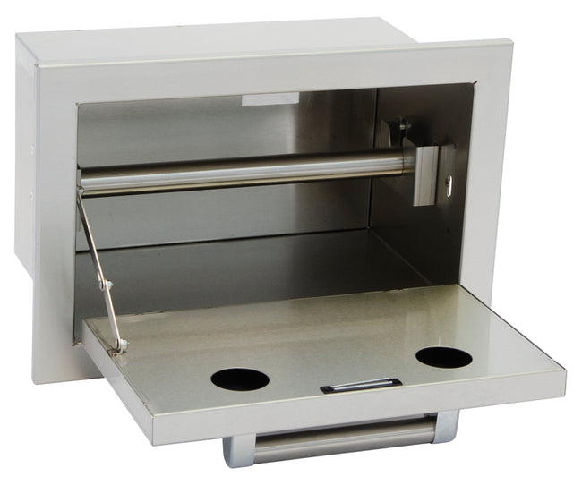 Stainless steel outdoor grill with lid open on a white background