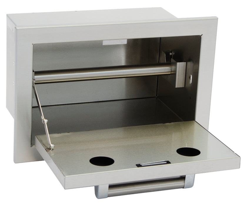 Stainless steel outdoor grill with lid open on a white background