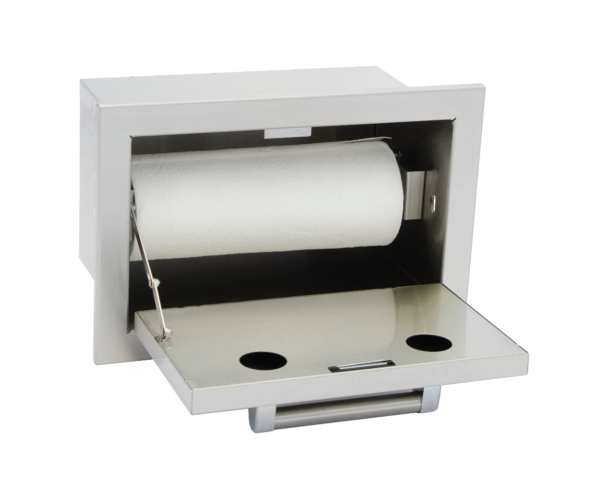 Wall-mounted paper towel dispenser with a roll of paper towels on a white background