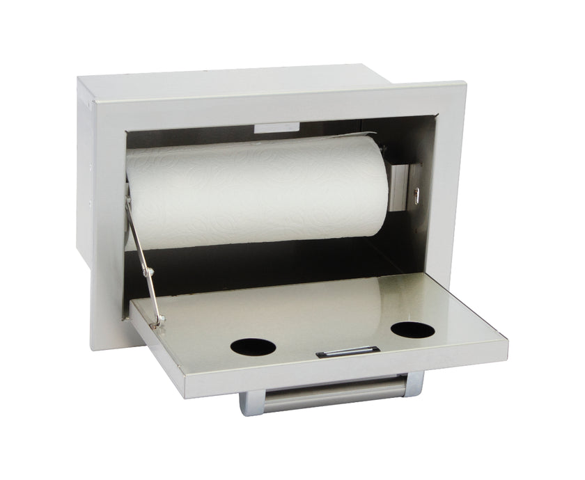 Wall-mounted paper towel dispenser with a roll of paper towels on a white background