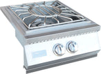 Stainless steel gas cooktop with two burners on a white background