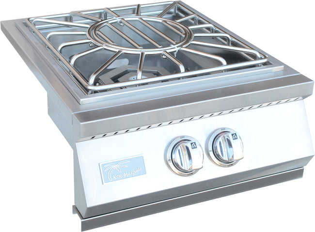 Stainless steel gas cooktop with two burners on a white background