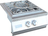 Stainless steel gas cooktop with two burners on a white background