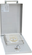 Stainless steel gas stove with open lid on a white background