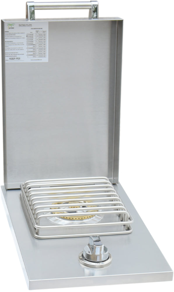 Stainless steel gas stove with open lid on a white background