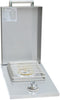 Stainless steel gas stove with open lid on a white background